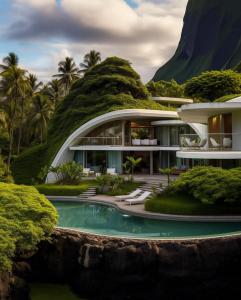 Футуристичный дом с зеленой крышей