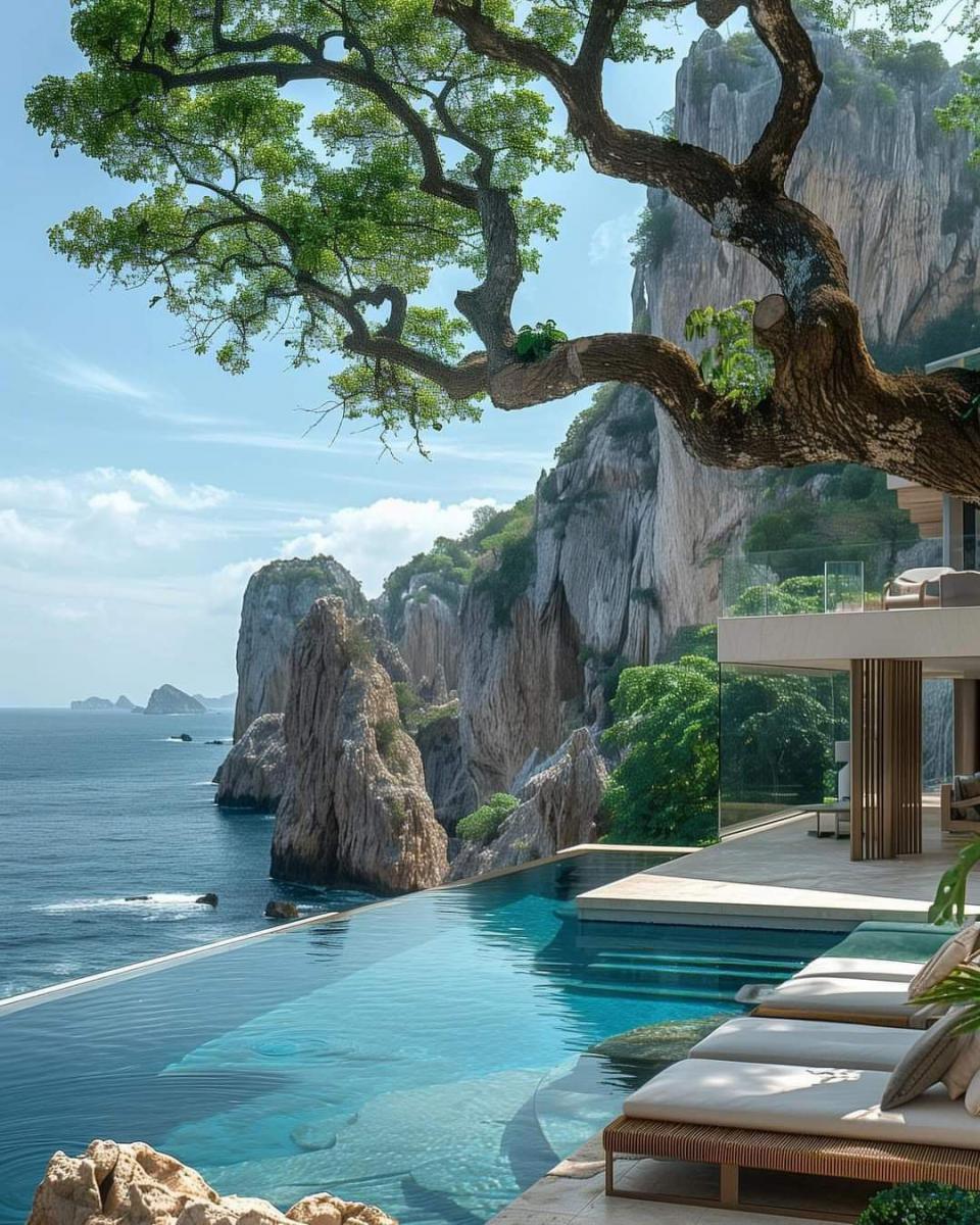 Современный фасад дома с бассейном