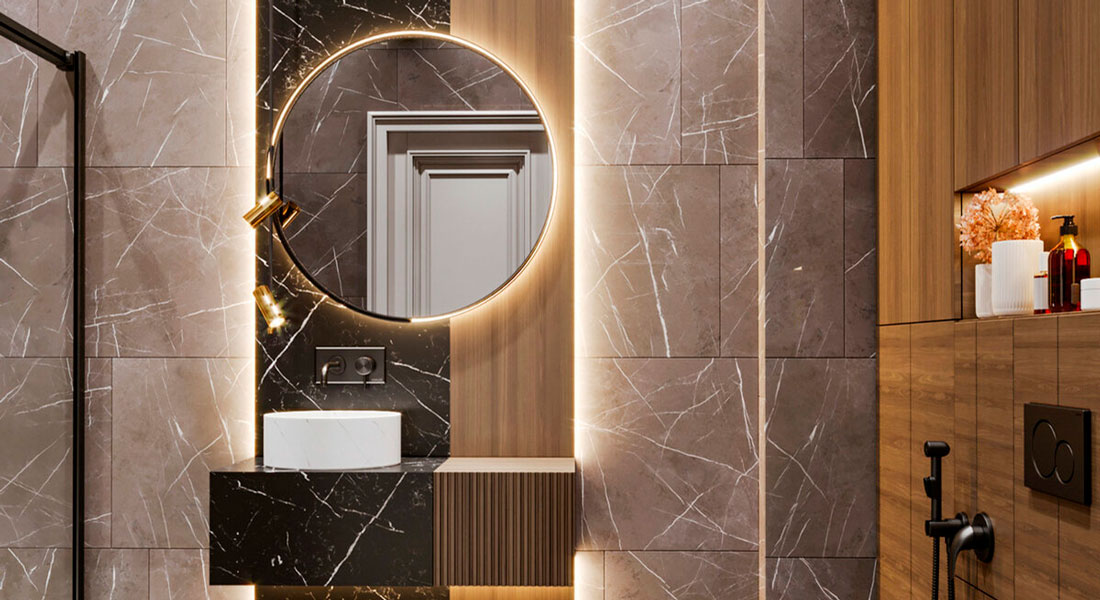 21 стильная ванная комната с камином